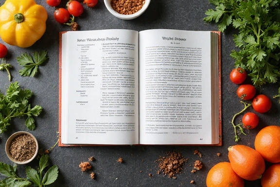 A vibrant cookbook open to a delicious, healthy recipe, surrounded by fresh ingredients.