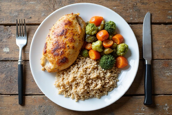 A balanced plate with macronutrients like chicken, rice, and vegetables, illustrating a beginner's guide to understanding macronutrients.