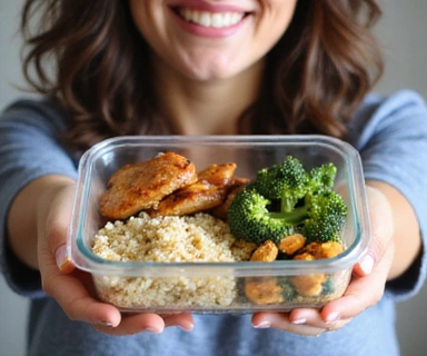 A person holding a healthy meal prep container, smiling.