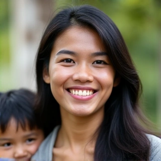A cheerful Indonesian mother with her child, symbolizing family health.